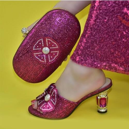 Doershow Shoes and Bag Set African Sets 2021 fuchsia Color Italian Shoe Bag Set Decorated with Rhinestone High Quality SYY1-9