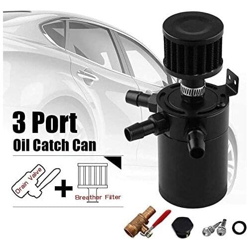 Doiplent 3 Port Oil Catch Can, 1 oulet + 2 intlet Compact Baffled Engine Oil Reservoir Tank with Breather Filter + Drain Valve