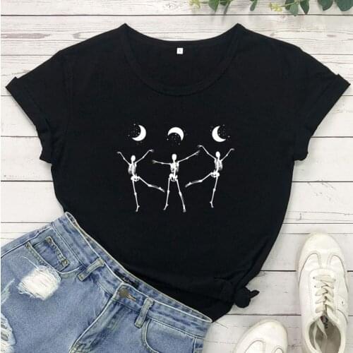 Art Skeletons dancing under the moon gothic T-shirt women 100% Cotton funny tumblr casual graphic Fashion unisex tee top tshirt