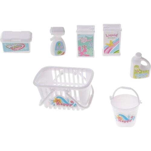 7pcs Dollhouse Miniature Mini Cleaning Tools Laundry Basket Bucket Detergent Kit for Doll Bathing Accessories Classic Toy