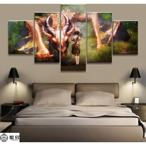 Home Decor Modular Canvas Picture 5 Piece Elder Scrolls V Skyrim Game Painting Poster Wall For Home Canvas Painting Wholesale