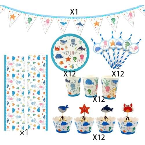 62Pcs for 12kids Sea Life Marine Animals theme birthday party supplies tableware set, plate+straw+glass+banner+cupcake deco ect