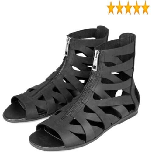 Genuine 2021 New Leather 100% Black Flat Men Summer Fashion High-Top Open Toe Beach Shoes Plus Size Rome Sandals