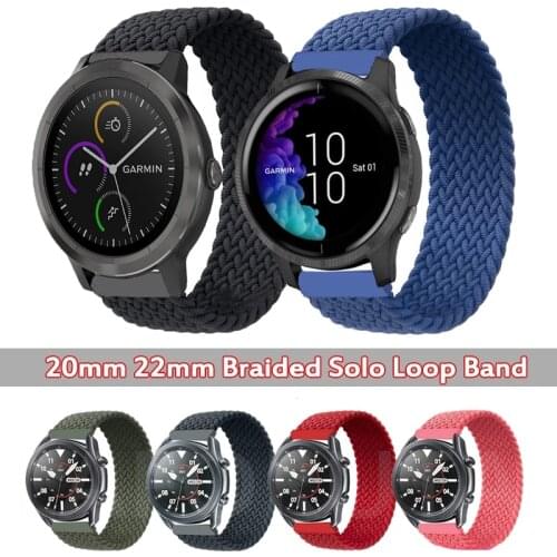 22 20mm Braided Solo Loop Strap For Garmin Vivoactive 3/4 /HR/Venu/Move3/Luxe/Forerunner 245 645 745 Nylon Elastic Belt Bracelet