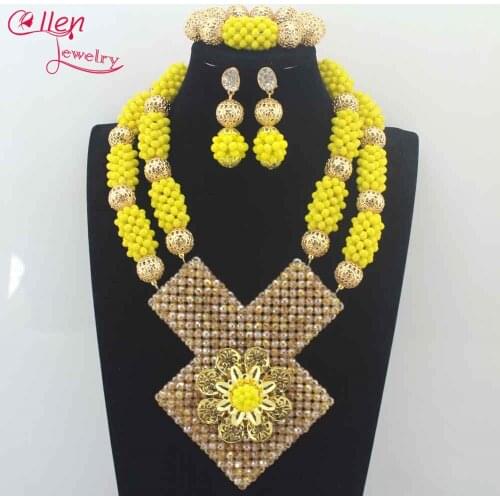 Latest African Wedding Nigerian Beads Jewelry Sets Yellow Bride Crystal Statement Necklace Set Women Gift Free Shipping N0063