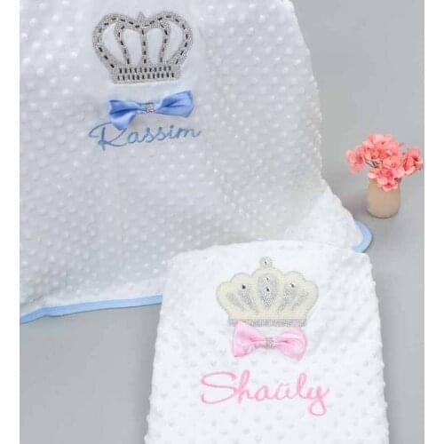Newborn Name Embroidered Blanket Personalized Baby King Queen Babies Girls Boys Crown Embossed Duvet Cover Swaddle Toddler Model