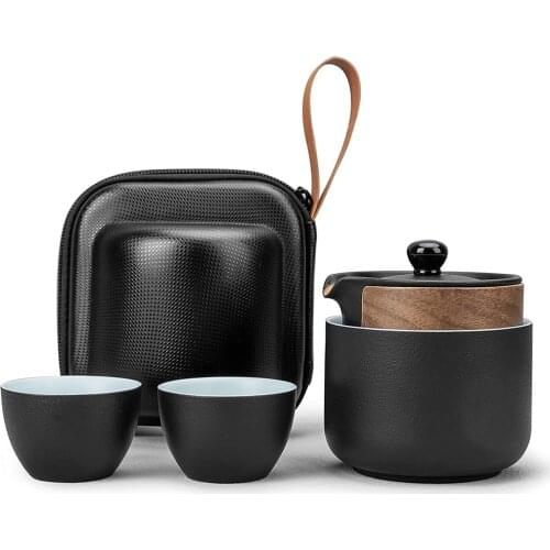 Portable Travel Tea Sets for adults Chinese Ceramic Teapot for Men Wood Handle Kungfu Tea Pot with Case