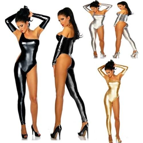 Sexy Patent Leather Bodysuit Body Catsuit Leather Bodysuit Sexy F0629 Lingerie with Gloves Black Silver Gold Colors