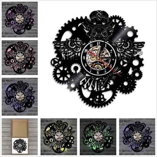 Owl Vinyl Record Wall Clock Gear Cogs Night Owl Steampunk LED Wall Clock Home Decor Cogwheels Animal Wall Watch Modern