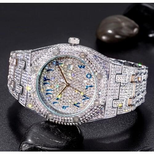 Hiphop MISSFOX Unique Arab Mens Watches Date Quartz Wristwatch Rose Gold Stainless Steel Baguette Diamond Watch For Men Jewelry