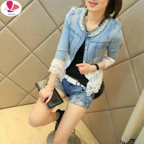 Plus Size Jeans Jacket Women Casacos Feminino Slim Lace Patchwork Beading Denim Lady Elegant Vintage Jackets Coat Dropshipping