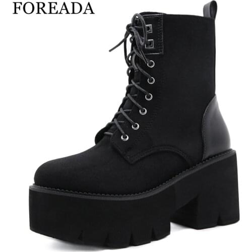 FOREADA Woman Shoes Autumn Platform Thick Heel Ankle Boots High Heel Round Toe Zipper Ladies Short Boots 35-43 Punk Shoes Black