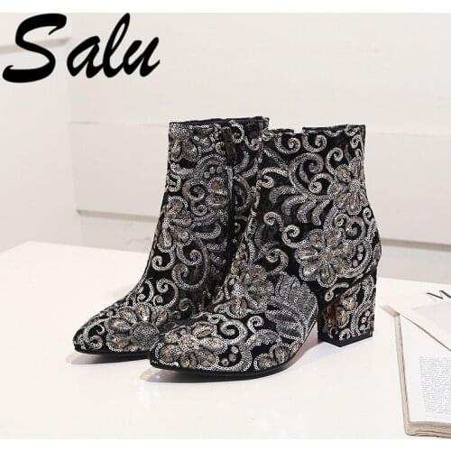 Salu Women Ankle Boots Elegant Warm Winter Boots Genuine Leather Ladies Shoes Woman High Heeled Motorcycle Ladies Boots