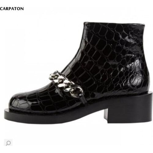 Carpaton 2018 Newest Stone pattern Short Boots Fashion Metal Chain Round Toe Square Heels Winter Side Zipper Women Shoes