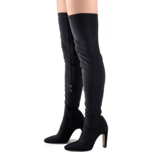 Richealnana Sexy Womens Stretch Pointed Toe Square Heel Chunky Block Heel Over The knee Thigh High Boots Black Lycra Zipper