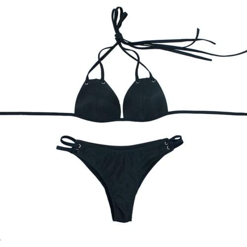 2021 Women Fashion Solid Color Two-piece Halter strap design Bathing Suit Summer Lace-up Halter Top Low Waist Thong Swimwear