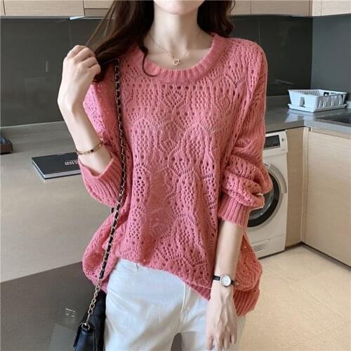 Casual Hollow Out Knitwear Womens Thin Loose Sweaters 2021 Autumn Winter Korean Casual O Neck Long Sleeve Jumper Soft Chic Tops