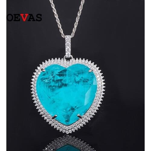 OEVAS 100% 925 Sterling Silver 23*23mm Heart Paraiba Pendant Necklace For Women Sparkling Wedding Party Fine Jewelry Wholesale