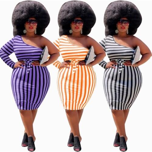 Cutubly Long Sleeve Dresses Womens Clothing One Shoulder Striped Printing Diagonal Collar High Waist Sexy Bodycon Dress Bandage