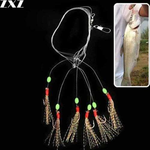 6PCS/Set Sabiki Hook Fishing Lure Soft Colored Silk Luminous Shrimp 7#-15# Hook 1.5M Main Length Fishing Tackle Soft Bait Rigs