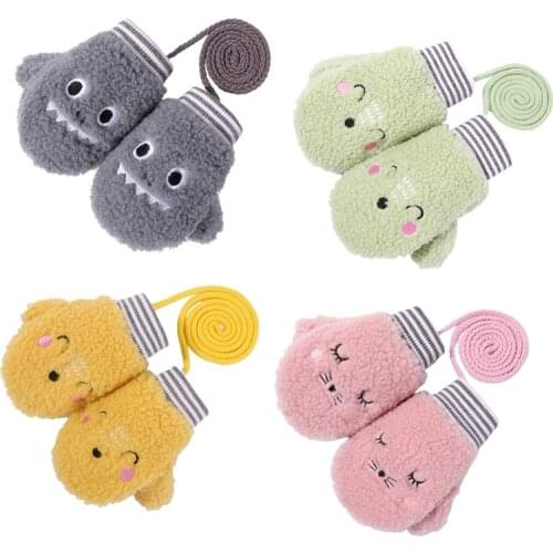 Toddler Kids Winter Warm Full Finger Gloves with String Cartoon Animal Embroidery Thick Plush Lined Infant Baby Mittens