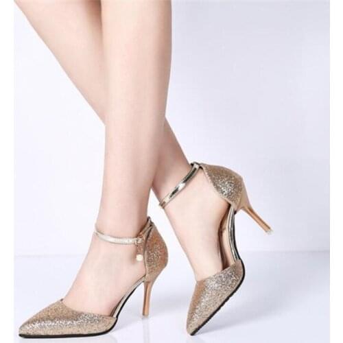 Elegant lady shiny gold silver 2019 sexy pointed high heels with wedding party shoes female