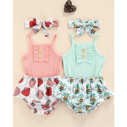 FOCUSNORM 3pcs Infant Baby Girls Clothes Sets Solid Sleeveless Romper Tops Printed Elastic Shorts Headband 0-24M