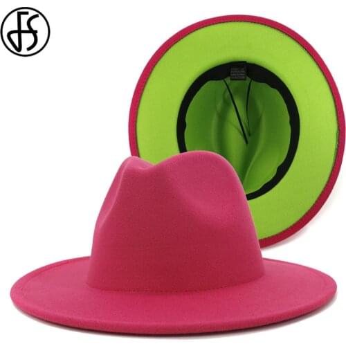 FS Rose Red Green Patchwork Women Unisex Panama Wool Felt Fedora Hats Ladies Wide Brim Party Trilby Cowboy Hat Fashion Jazz Cap