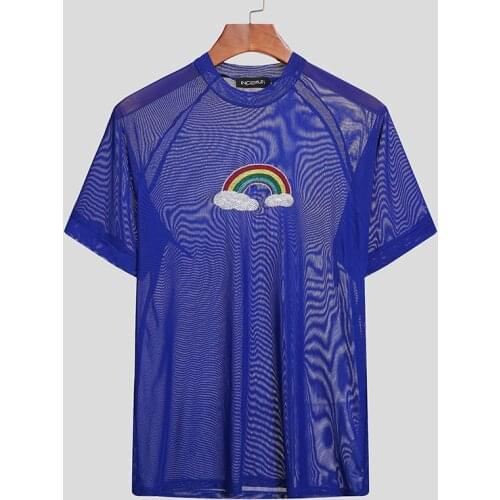 2021 Fashion Men Mesh T Shirt Printing O Neck Short Sleeve Streetwear Casual Tee Tops Summer Party See Through Camisetas INCERUN