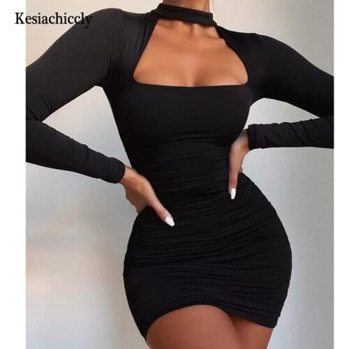 Kesiachiccly Womens Party Dress Solid Hollow out Long Sleeve Ruched Mini Dress Fashion Autumn 2021 Ladies Slim Dress Clubwear