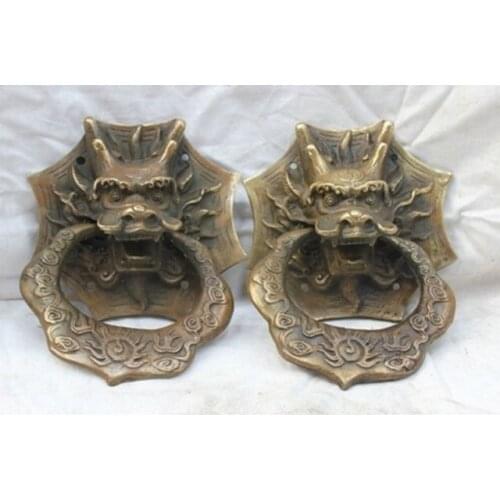 Chinese Old 4.8" Copper Bronze Dragon Head Fengshui Door Knocker Statue Pair Door Knocker decoration bronze factory outlets