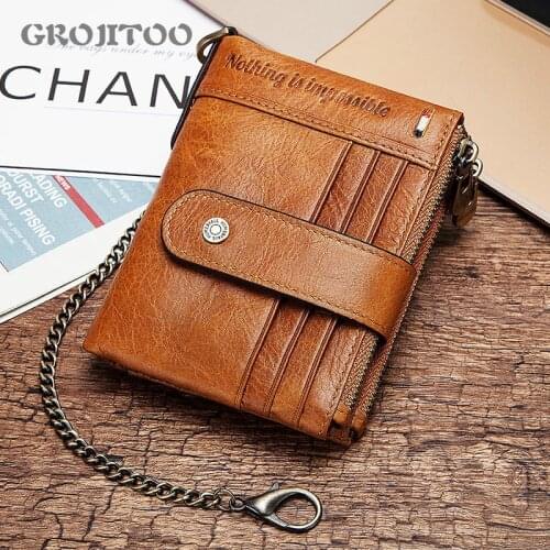 GROJITOO Double Zipper Genuine Leather Men Wallet Anti-theft Brush Wallet Multi-card Leather Coin Purse Large Capacity Wallet