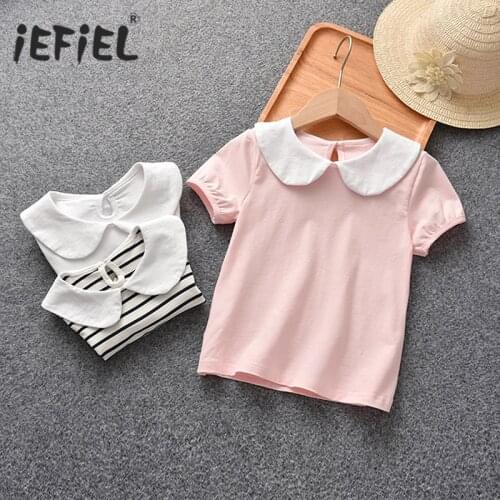 Summer Childrens Short Sleeve T-shirt Cotton Peter Pan Collar T-shirts Kid Striped Tops Shirts School Girls Tshirt Baby Tshirts