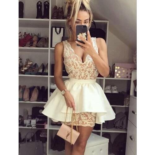 Convertible Nude Ivory Lace Sheath V-neck Homecoming Party Dresses Mini Cocktail Dresses