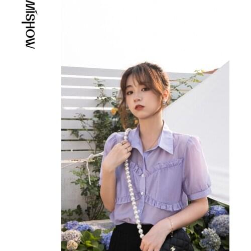 MISHOW Summer New Fashion Womens Blouse Offical Lady Ruffles Design Solid Lapel Loose Womens Shirt Tops MXA21C0002
