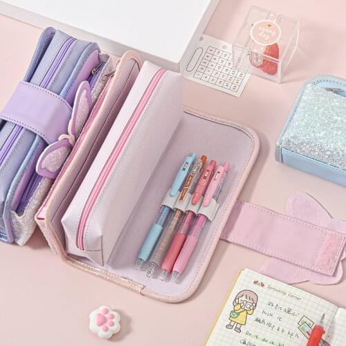 Fashion Canvas Pencil Case Stationery Bag Large-Capacity Multi-Function Pencilcases Butterfly Sequin Stationery School Supplies