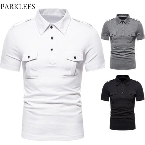 Double Pocket Military Epaulet Polo Shirt Men Summer Short Sleeve Slim Fit Polo Homme Fashion Turn Down Collar Polos Para Hombre