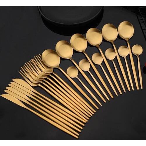 24Pcs/6Set Gold Matte Cutlery Set Stainless Steel Dinnerware Set Knife Fork Spoon Dinner Set Kitchen Flatware Tableware Set