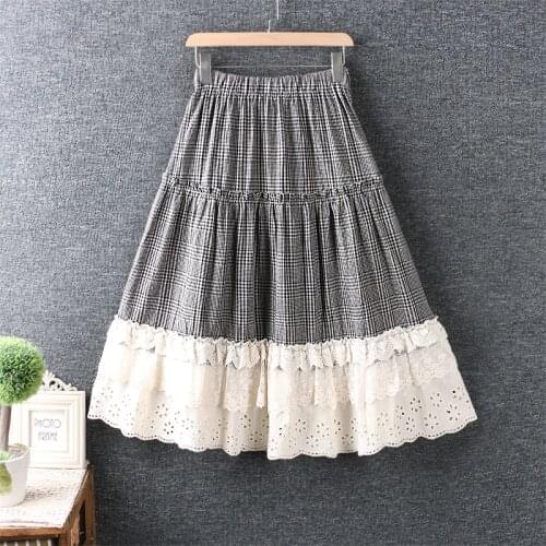 New Summer Sweet Elastic Waist Skirt Women embroidered lace cotton linen Skirt lolita fairy cake skirt casual wear
