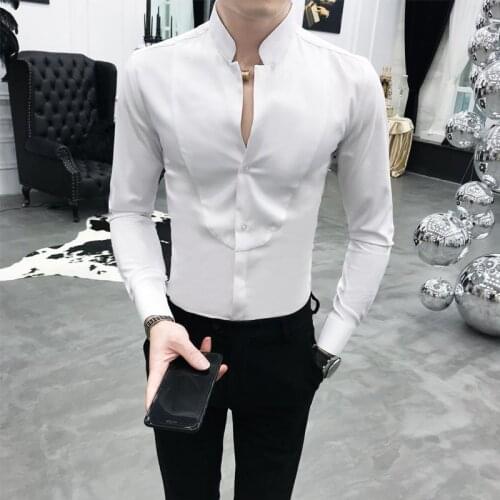 Fall 2021 New Mens Stand-Up Long-Sleeved Dress Shirt Male Bar Hair Stylist Singer Solid V-Neck Slim Casual Shirt