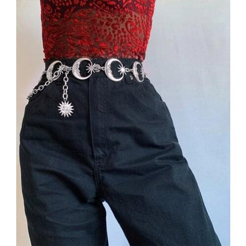 Harajuku Punk Moon Metal Belts Women Vintage High Waist Chain Waist Belts Gothic Moon Sun Sliver Pendant Belts Female