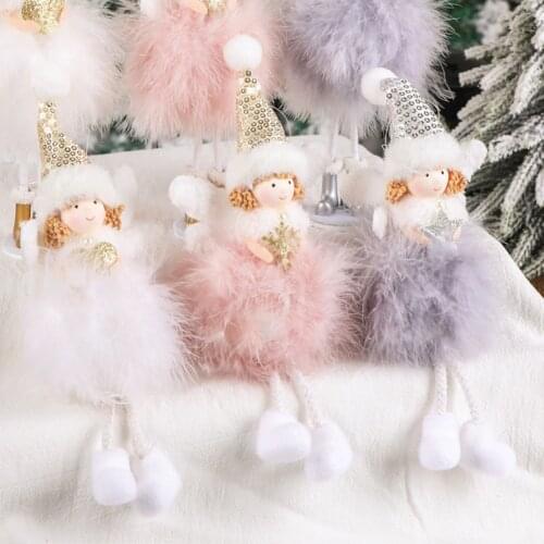 Christmas Angel Feather Dolls Cute Xmas Tree Ornament Christmas Decor Plush Wall Stuff for New Year 2021 2020 Kids Girl Gift