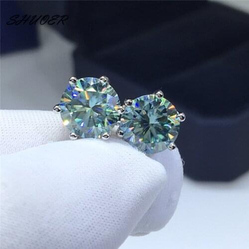 Classic 925 Sterling Silver Pass Diamond Tester Round Brilliant Cut 2 Carat Blue&Green Moissanite Stud Earrings Women Jewelry