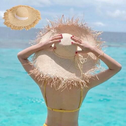 Handmade Women Oversize Straw Sun Hats Large Wide Brim Natural Raffia Panama Beach Soft Straw Sun Caps Shade Hat For Holiday