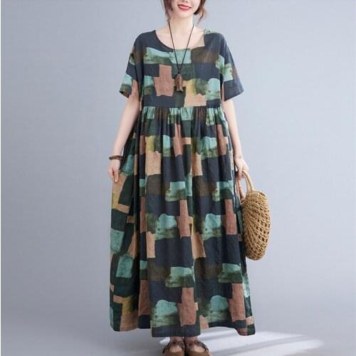 Tie Dye Print Vintage Dress 2021 New Arrival Thin Soft Cotton Linen Loose Summer Dress Plus Size Women Travel Casual Beach Dress