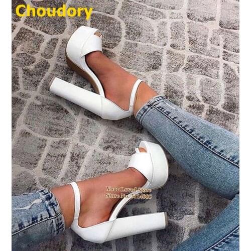 Choudory White Matte Leather Chunky Heel Platform Sandals Buckle Strap Open Toe Summer Gladiator Dress Shoes Size47 Women Pumps
