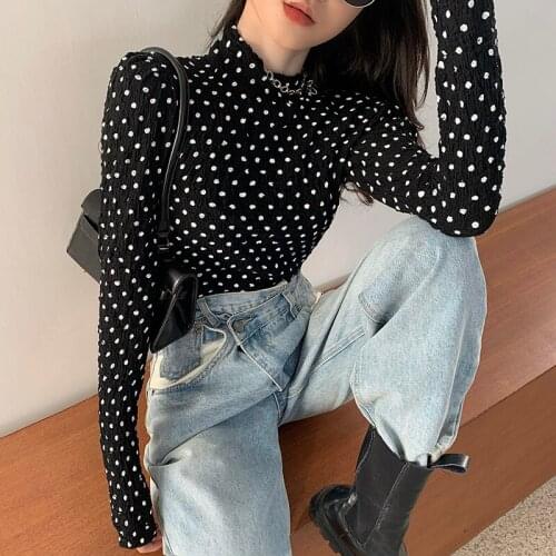 2021 Brand New Women Fashion T-shirt Stand Collar Long Sleeve Slim Fitpolka Dot Black Tee Women Sexy Top Mujer Camisetas