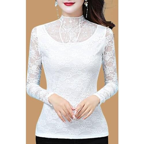 Womens Spring Summer Style Lace Blouses Shirt Womens Turtleneck Hollow Out Embroidery Elegant Casual Tops SP8671