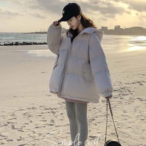 Women Fashion Winter Hooded Puffer Jacket Solid Harajuku BF Warm Oversize Parkas Female Korean Loose Long Sleeve Coat Outwears