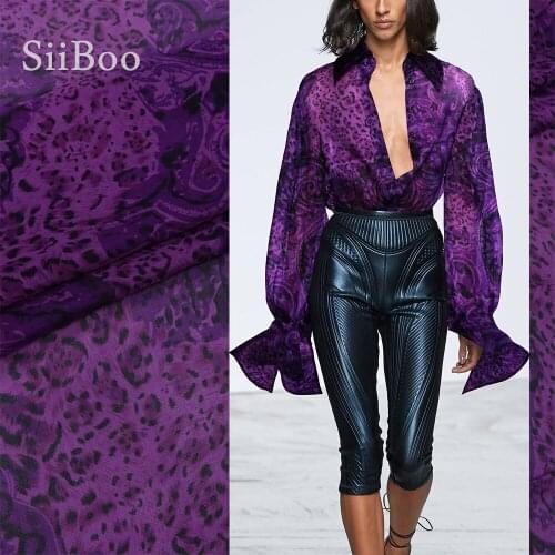 Siiboo 100% natural silk chiffon fabric with purple leopard print romantic sexy style for women dress skirt sp6329